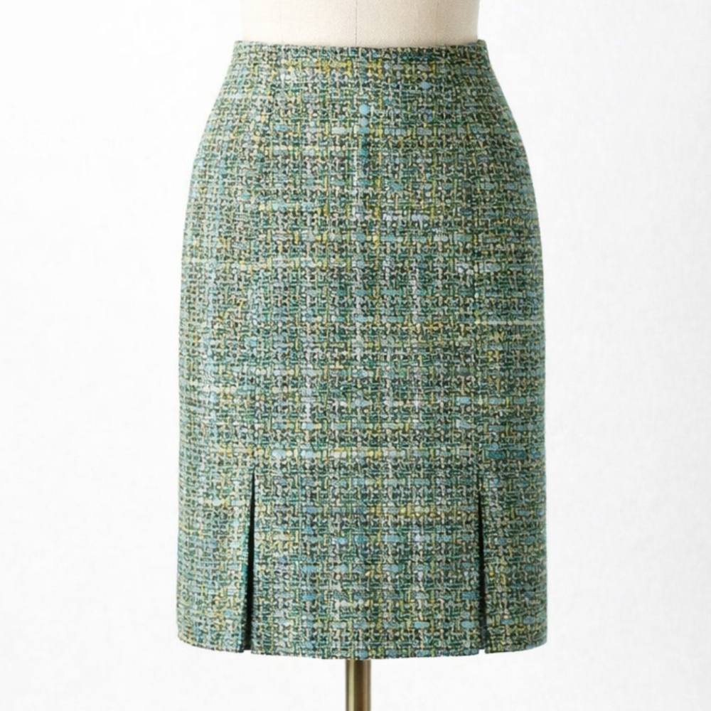 Vintage Dress Barn Boucle Tweed Pencil Skirt Blue Green Size 12 Knee Length